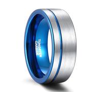 Grewod Mens Ring Unique Tungsten 8mm Silver Blue Two Tone Brushed with Groove Comfort Fit Simple Wedding Ring Size X 1/2