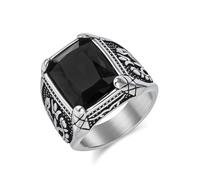 Grewod Metal Rings Stainless Steel Men 18mm Vintage Tulip Pattern with Black Glass Comfort Fit Unique Wedding Rings Size X 1/2