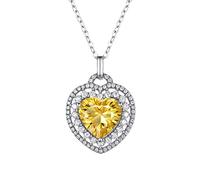 Grewod Pendant Jewellery Women 925 Sterling Silver Elegant 6ct Heart Created Citrine and Cubic Zirconia Necklace with Chain 18 Inch