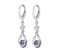Grewod Piercing Earrings, Women 18K White Gold Teardrop Purple Round Amethyst Dangle Earrings