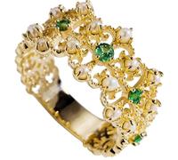 Grewod Promise Ring Band, Women 18K Gold Hollow Vintage Flower with Pearl Green Round Tsavorite with Pearl Rings Fashion Size S 1/2