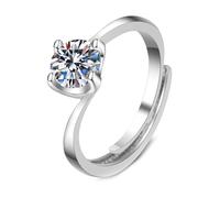 Grewod Promise Ring Band, Women 9K White Gold Elegant Wave 4 Prong 1ct 6MM Adjustable White Round Lab Created Diamond Rings Size P 1/2