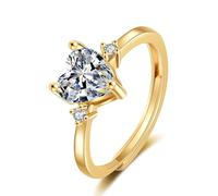 Grewod Promise Ring for Her, Women 18K Yellow Gold Adjustable White Heart Lab Created Diamond Anniversary Bands Size L 1/2