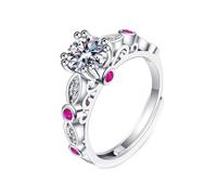 Grewod Promise Rings, Women 9K White Gold Adjustable Elegant 1ct White Round Lab Created Diamond with Ruby Wedding Anniversary Rings Size H 1/2