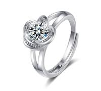 Grewod Rings Bands, Women 14K White Gold Adjustable Flower White Round Moissanite Rings Simple Size O 1/2
