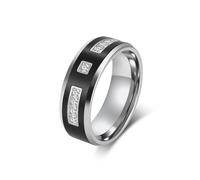 Grewod Rings for Men Stainless Steel 8mm Silver Black Brushed Two Tone with White Round Cubic Zirconia Comfort Fit Ring Wedding Size P 1/2