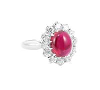 Grewod Rings for Women Stylish 9K White Gold Flower Shape with Oval Created Ruby and Round Moissanite Anniversary Ring Size H 1/2