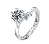 Grewod Simple Band Ring, Women 9K White Gold Adjustable Flower Leaf 6 Prong 1ct White Round Lab Created Diamond Wedding Anniversary Ring Size N 1/2