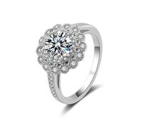 Grewod Simple Engagement Ring, Women 14K White Gold Flower White Round Lab Created Diamond Wedding Rings Size N 1/2