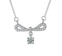 Grewod Simple Pendant Necklace, Women 14K White Gold Hollow Bow-Knot White Round Lab Created Diamond Necklace 18 in
