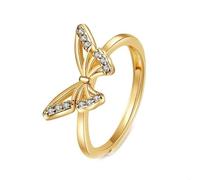Grewod Simple Promise Ring, Women 18K Gold Hollow Butterfly White Round Lab Created Diamond Wedding Anniversary Band Size J 1/2