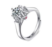 Grewod Simple Rings, Women 18K White Gold Adjustable Vintage Flower 4 Prong 1ct 6.5MM White Round Lab Created Diamond with Ruby Anniversary Bands Size R 1/2