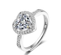 Grewod Simple Rings, Women 9K White Gold Adjustable Elegant White Heart Moissanite Jewellery Wedding Rings Size T 1/2
