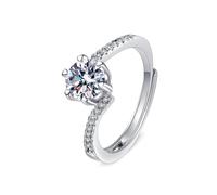 Grewod Simple Wedding Ring, Women 18K White Gold Adjustable Twisted 6 Prong 1ct 6.5MM White Round Lab Created Diamond Anniversary Ring Size U 1/2