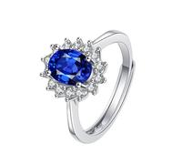 Grewod Simple Wedding Rings for Women, 14K White Gold Flower Adjustable Dark Blue Oval Lab Created Sapphire Anniversary Band Size I 1/2
