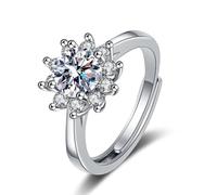 Grewod Stylish Ring for Women, 14K White Gold Adjustable Flower White Round Moissanite Unique Wedding Rings Size K 1/2