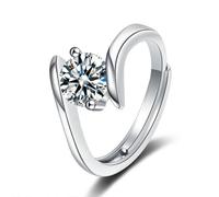 Grewod Stylish Ring for Women, 14K White Gold Adjustable Solitaire 1ct White Round Moissanite Wedding Rings Bands Size I 1/2