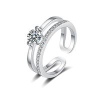 Grewod Stylish Ring for Women, 18K White Gold Open Double Layered White Round Moissanite Engagement Wedding Rings Size T 1/2