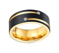 Grewod Tungsten Ring for Men and Women 8mm Black Gold Dome Design Two Tone Brushed with White Round Cubic Zirconia Comfort Fit Ring Jewellery Size W 1/2