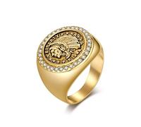 Grewod Unique Wedding Band Stainless Steel Ring Men 20mm Gold Hip Hop Native American with White Cubic Zirconia Comfort Fit Fashion Ring Size X 1/2