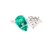 Grewod Wedding Anniversary Ring Women 9K Rose Gold Open 4 Prong Teardrop Created Emerald with Heart Moissanite Ring Size T 1/2