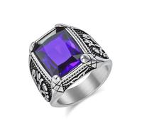 Grewod Wedding Band Stainless Steel Ring Men 18mm Vintage Tulip Pattern with Purple Glass Comfort Fit Promise Engagement Rings Size P 1/2