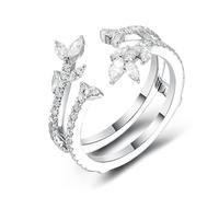 Grewod Wedding Engagement Rings Women Platinum 950 Open with Leaf Cubic Zirconia Anniversary Ring Jewellery Size R 1/2