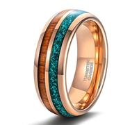 Grewod Wedding Ring Bands for Men Tungsten 8mm Rose Gold Brown Green Malachite and Wood Inlay Comfort Fit Simple Ring Size T 1/2