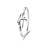 Grewod Wedding Ring for Her 9K White Gold Moon with Round Moissanite Promise Ring Women Engagement Jewellery Size W 1/2