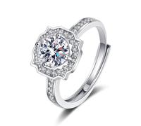 Grewod Woman Rings, 14K White Gold Flower Adjustable White Round Lab Created Diamond Rings for Wedding Size J 1/2