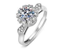 Grewod Woman Wedding Ring, 14K White Gold Adjustable Flower 6 Prong 1ct White Round Lab Created Diamond Unique Rings Size L 1/2