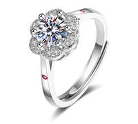 Grewod Women Anniversary Rings, 14K White Gold Flower Adjustable White Round Lab Created Diamond with Ruby Promise Ring Band Size S 1/2