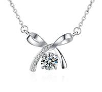 Grewod Women Fashion Necklace, 14K White Gold Bow-Knot White Round Lab Created Diamond Pendant Necklace 18 in