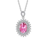 Grewod Women Pendant Necklace, 9K White Gold Luxury Flower Pink Oval Topaz with Lab Created Diamond Necklace 18 in
