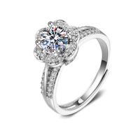 Grewod Womens Anniversary Rings, 14K White Gold Adjustable Elegant Flower 1ct 6.5MM White Round Lab Created Diamond Simple Band Size V 1/2