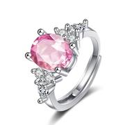 Grewod Womens Anniversary Rings, 14K White Gold Elegant Adjustable Pink Oval Crystal with Moissanite Promise Ring Size Q 1/2