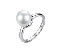 Grewod Womens Anniversary Rings, 18K White Gold Simple White Round Pearl with Diamond Simple Rings Size H 1/2