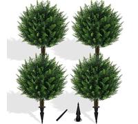 Grewyear Artificial Cedar Topiary Ball Tree with Ground Spike, Set of 4 UV Resistant Artificial Bushes for Outdoors Faux Shrubs, Weatherproof Fake Round Cypress Ball Bushes Plant for Front Porch