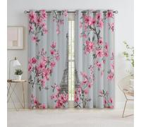 Grey 100% Blackout Curtains for Bedroom Living Room 65 Inch Pattern Eyelet Curtain Paris Eiffel Tower Floral Thermal Insulated Noise Reducing Energy Saving Drapes Window Treatment Sets 2 Panels