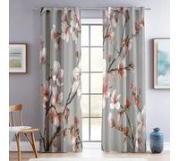 Grey 100% Blackout Curtains, Plants Cherry Blossom Branches Print Summer Thermal Insulated Curtain, W 66" x L 90" (2 Panels) Eyelet Noise Reducing Curtains for Bedroom Living Room Office Drapes Window