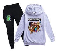 (Grey, 120cm) Minecraft Print Kids Hoodies Tracksuit Set Boys Girls Hooded Sweatshirt Casual Jogger Pants Outfit Set Activewear