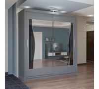 (Grey, 150cm) Sliding Wardrobes 4U LED Mirror Sliding Wardrobe