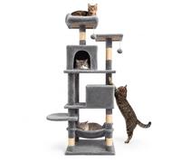 Grey 155cm Tall Cat Tree Tower with Dual Condos, Hammock & Sisal Posts | Soft Perch Platforms with Stable Base