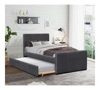 (Grey, 2 Kerri Mattresses) Comfy Living 3ft Fabric Bed Frame With Trundle Bed