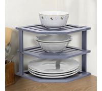 Grey 3 Tier Bamboo Corner Kitchen Plate Rack Cupboard Shelf Insert Tidy Organiser New