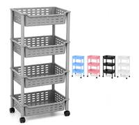 GREY 4 Tier Rolling Storage Trolley with Wheels, Mobile Plastic Basket Organiser Cart, Multipurpose Slim Shelving Unit for Kitchen, Bathroom, Bedroom, Office and Laundry Room, Multiple Colours
