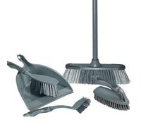 Grey 5-Piece Cleaning Set: Dustpan with Rubber Trim, Broom for Indoor/Patio, Dish Brush, Scrubbing Brush & 120cm Pole