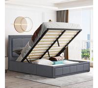 (Grey, 5ft Kingsize) OTTOMAN STORAGE BED FRAME GAS LIFT LINEN FABRIC
