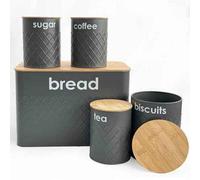 Grey 5Pcs Kitchen Storage Container Set, Bread Bin Tea Sugar Coffee Biscuit Tins