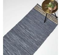 HOMESCAPES Grey Genuine Leather Runner Rug Handwoven Stripe Design Recycled Eco Friendly Real Leather Rug for Hallways, 66 x 200 cm